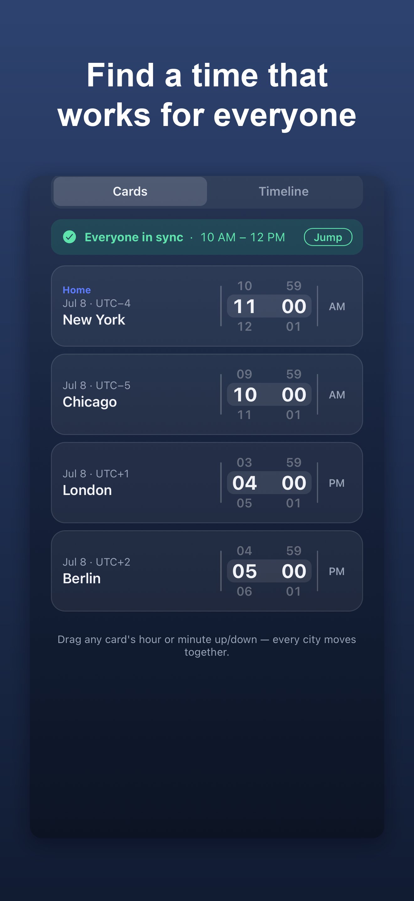 Whenmo showing New York, Chicago, London and Berlin times side by side with an 'everyone in sync' band